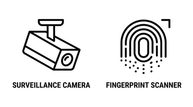 Biometric security icons set, surveillance camera and fingerprint scanner, black line style, for safety and access control systems
