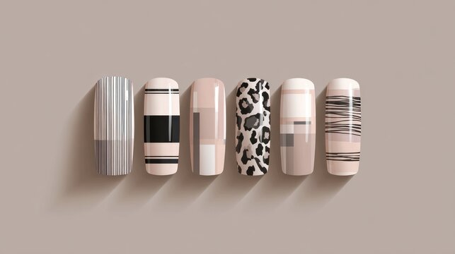 Set of six artificial fingernails displaying various contemporary patterns in neutral tones