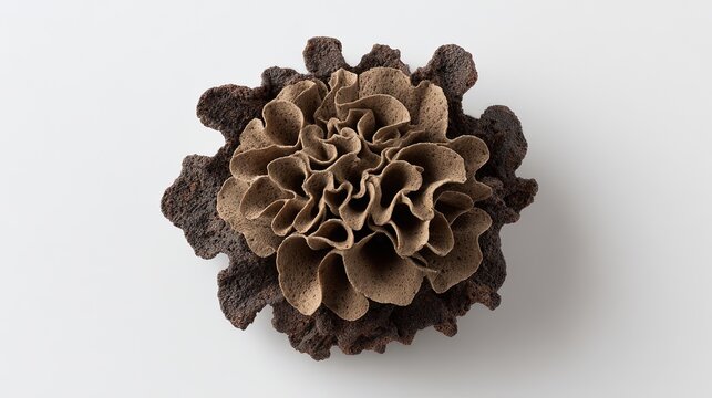 Textured organic form with dark brown rough outer edges and a ruffled light brown inner core This flower like shape rests on a
