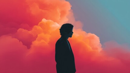 Obraz premium Silhouette of a Thoughtful Person Against a Colorful Cloud Background Evoking Emotion and Reflection in Artistic Imagery