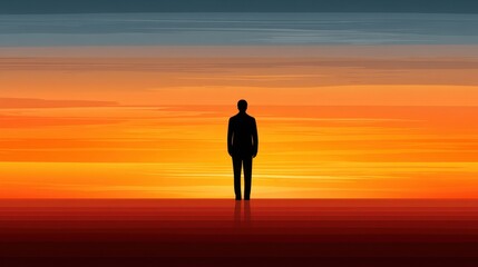 Fototapeta premium Silhouette of a Solitary Figure Against a Vibrant Sunset Sky with Warm Hues and Calm Atmosphere Evoking Reflection and Serenity at Dusk