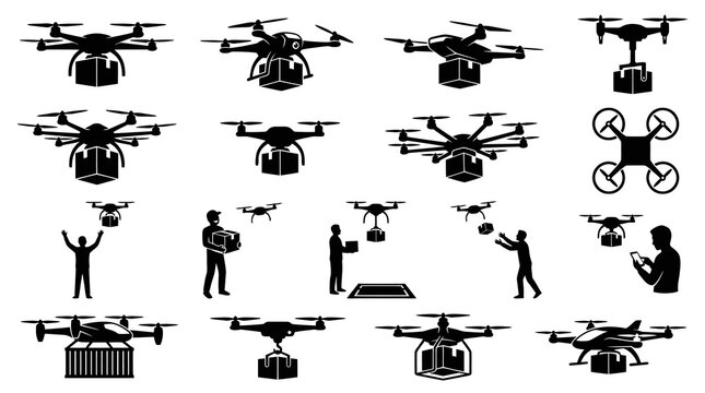 Drone Delivery Logistics Technology Silhouette Icons Set