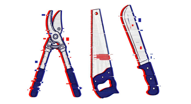 Gardening Tools Set - Pruning Shears, Saw, Machete with Glitch Effect