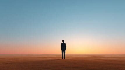 Fototapeta premium Solitary Figure in a Vast Landscape at Sunrise with Soft Pastel Colors and Open Space Evoking Feelings of Isolation and Reflection