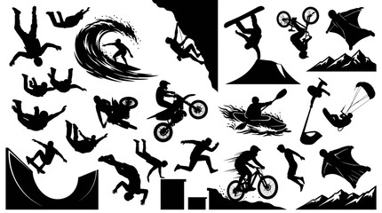 Fototapeta premium Extreme Sports Silhouettes: Action, Adventure, Outdoor Activity Icons