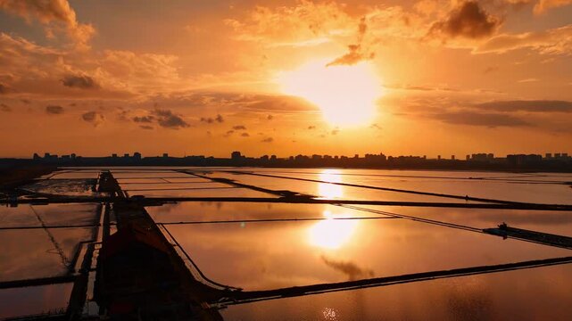 Golden sunset reflection on geometric salt evaporation ponds. Panoramic view of salt pans reflecting the evening sun with a distant city horizon and clouds.