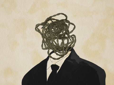 retro illustrated portrait of a person with tangled wires for head 