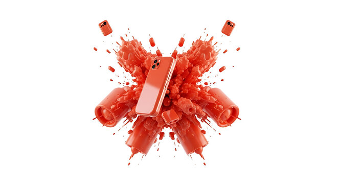 Orange smartphone exploding into liquid splashes and geometric shapes, dynamic motion and futuristic technology concept