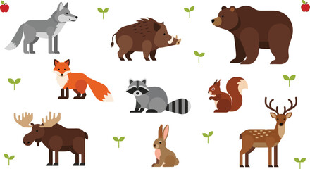 Obraz premium Woodland Wild Animal Vector Collection Featuring Moose, Bear, Wolf, Fox, Deer, and Raccoon Icons for Nature Conservation, Forest Education, and Modern Wildlife Graphics