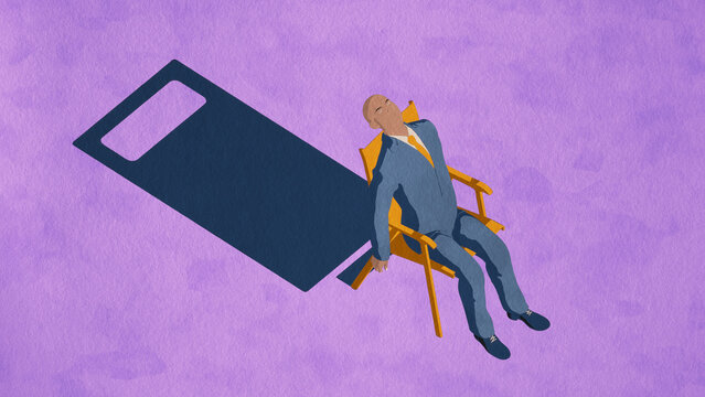 Illustration of a business man tired sitting on chair with battery low icon as his shadow.
