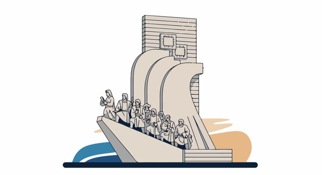 Stylized monument depicting historical figures on a ship's prow