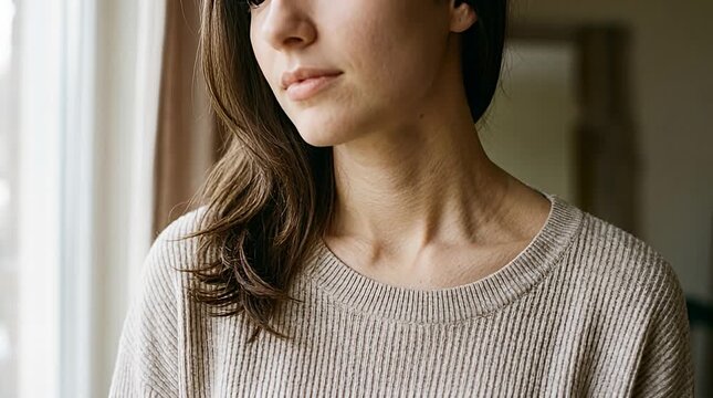 Peaceful close-up of a woman's collarbone and neck with loose hair gently moving in the breeze, cinematic natural light for skincare, beauty, and minimalist lifestyle aesthetics