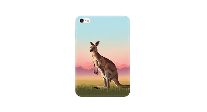 Pixel art kangaroo standing in a grassy field at sunset, vector illustration for a phone case design
