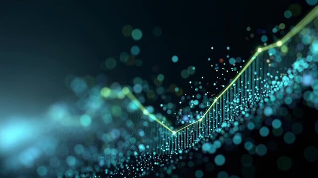 An abstract digital chart with glowing particles and a rising trend line. Financial data, business, technology.