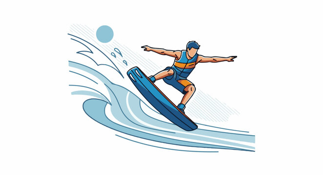 Stylized illustration of a person wakeboarding on a wave