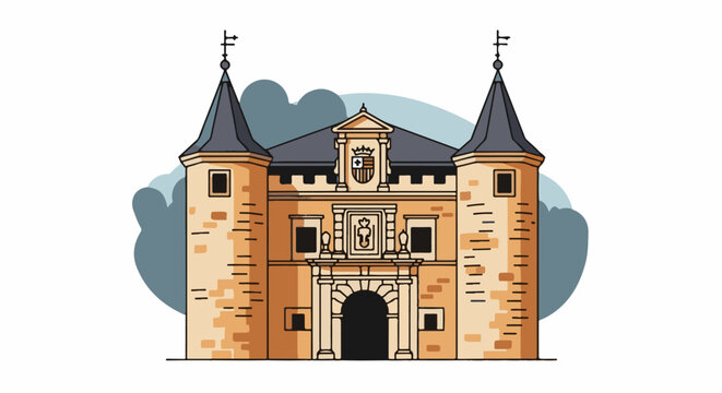Stylized illustration of a stone castle facade with twin towers