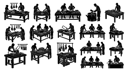 Obraz premium Butchers Meat Processing Industry Silhouette Icons Set. Black and White Vector.