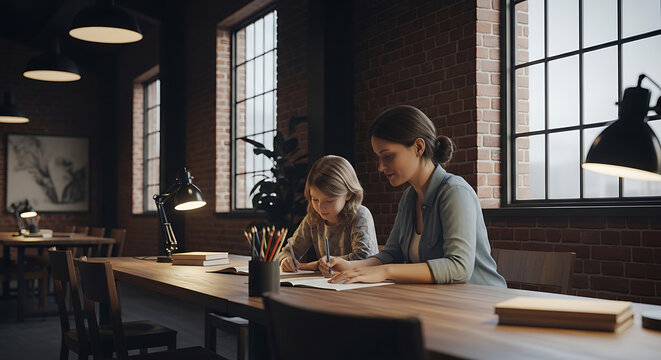 Mother and daughter drawing together at a long wooden table in a room with brick walls and large windows, creating art and learning
