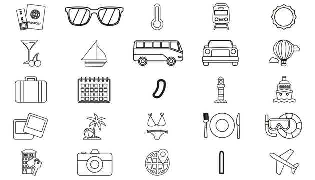 25 Minimalist Black Vector Icon Set Bundle for Travel, Tourism, and Lifestyle. Includes Airplane, Train, Camera, Passport, Hotel, Food, Transport, and Vacation Symbols for Web and Graphic Design.
