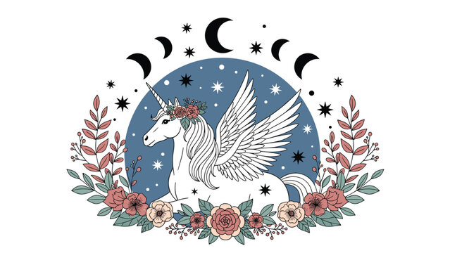 Magical white pegasus with a floral crown resting within a wreath of roses under celestial stars and moon phases.
