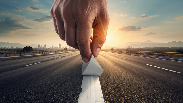 高速道路の白線テープを巨大な手が剥がし世界を露出させる壮大な写真