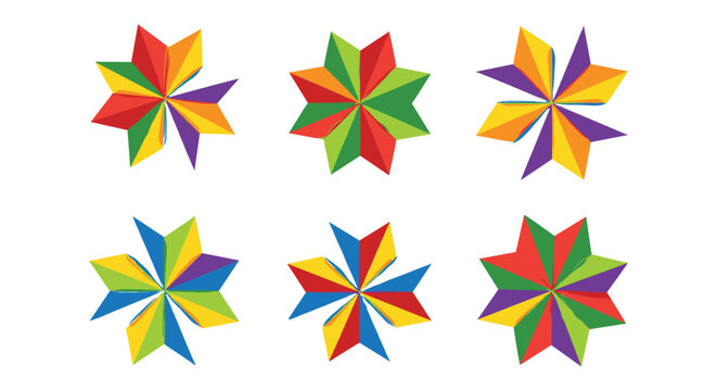 Set of Colorful Geometric Star Shapes with Vibrant Triangular Petals for Modern Designs, Patterns, and Backgrounds