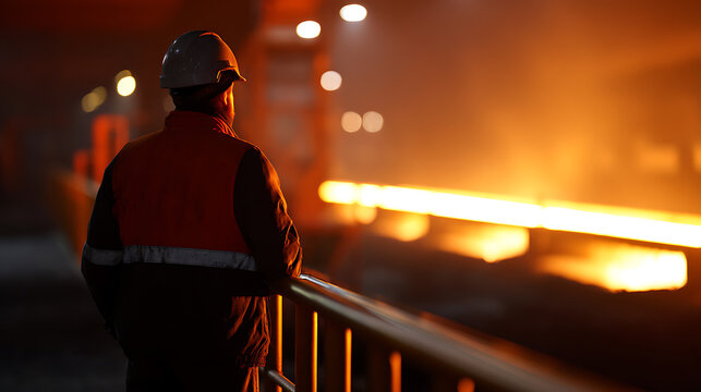 Industrial worker observes hot steel billet production in a dark factory, showcasing safety gear and the intense heat of metal manufacturing process