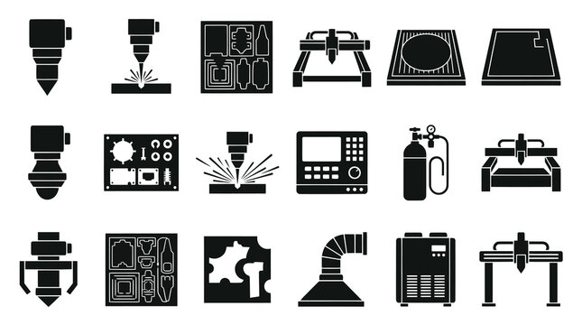 Industrial CNC Laser Plasma Cutting Fabrication Glyph Icons Set