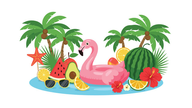 Summer tropical paradise scene with palm trees, a pink flamingo floatie, fresh fruit, sunglasses, and hibiscus flowers.