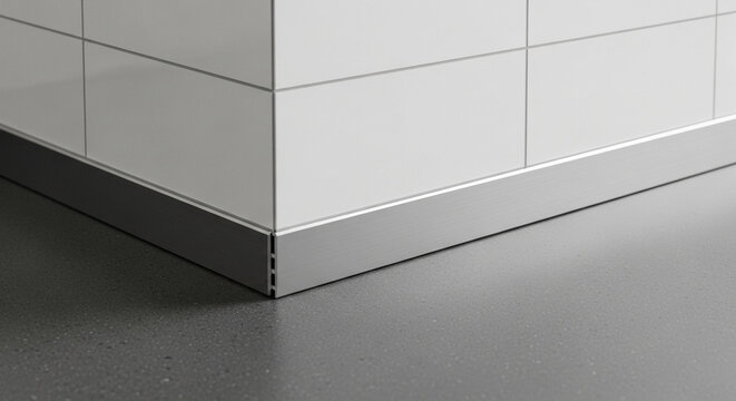 Clean, minimalist, modern interior design detail of a brushed aluminum skirting board meeting white tiled wall and gray linoleum floor, creating a seamless transition in a contemporary space