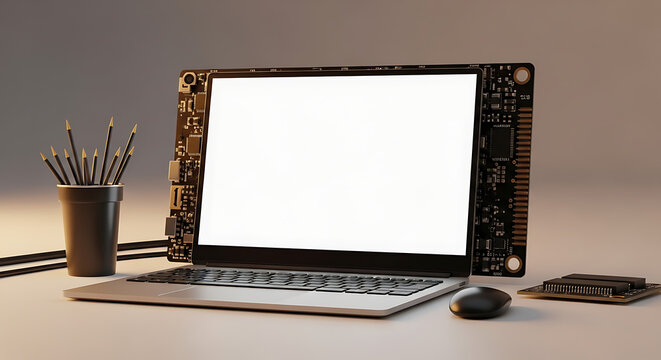 Open laptop with circuit board frame and blank screen, sitting on a desk with a computer mouse and processor chip nearby, suggesting technology and innovation