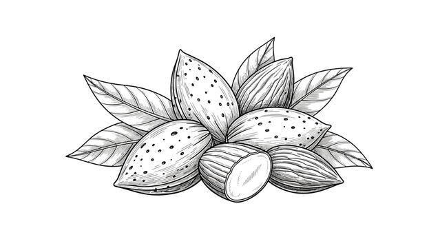 Realistic black and white ink sketch of a cluster of almond nuts with their textured shells and accompanying leaves on white background.