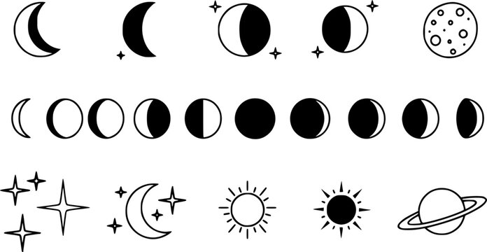Moon icon glyph and line set thin line symbol concept &ndash; Black and White Vector Illustration