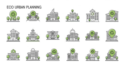 Naklejka premium Eco-friendly urban planning concept featuring various sustainable building designs and green initiatives.