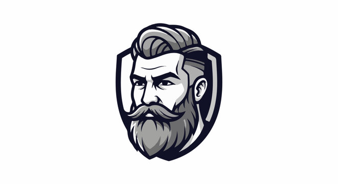 Stylized graphic of a man's head with a beard and mustache inside a shield outline