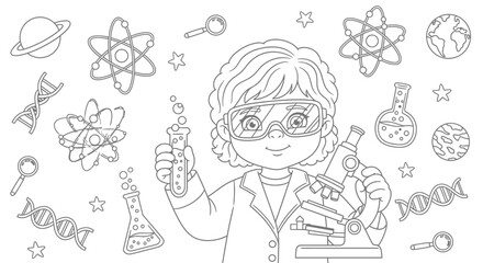 Young Scientist with Microscope and Test Tube, Science Elements Line Art © Arsyadia