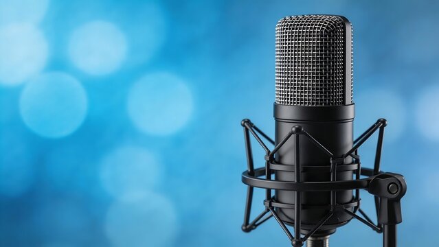 Microphone on blue bokeh background