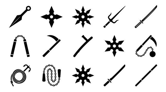 Black and White Icons of Japanese Martial Arts Weapons, Ninja Tools Vector