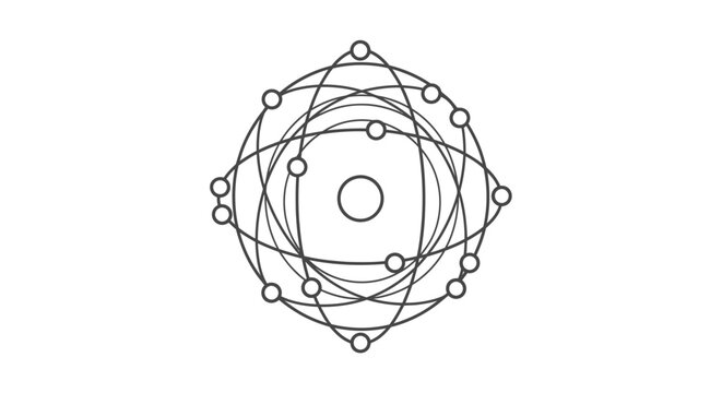 Abstract illustration of atomic structure with orbiting particles on white backdrop