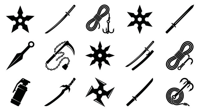 Ninja Weapons and Tools Vector Icons: Shuriken, Sword, Rope, Knife, Grappling Hook