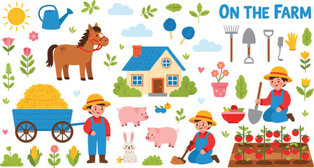 Fototapeta premium Charming Farm and Countryside Vector Set Featuring Red Barn, Tractors, Farm Animals, and Rural Landscape Elements for Children's Educational Design and Country Life Branding