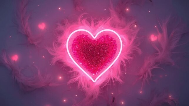Glowing neon pink and red heart surrounded by soft purple smoke and sparks in a dark background symbolizing love and passion with a romantic ambiance
