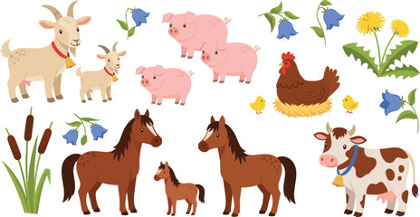 Naklejka premium Farm Animal Family Vector Set Featuring Horses Cows Pigs Goats and Hen with Chicks and Spring Flowers for Children Nursery and Agricultural Educational Graphic Designs