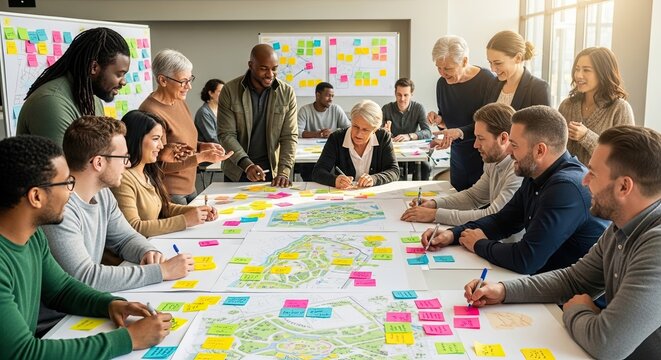 Diverse team brainstorming on map.