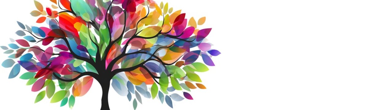 Watercolor tree with rainbow leaves, colorful abstract nature illustration, vibrant artistic plant