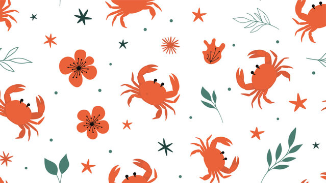 Playful seamless pattern features cute orange crabs scattered among simple flowers green leaves and various styles of sea stars.