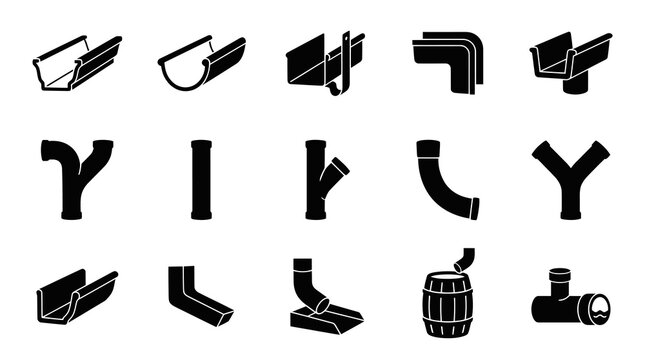 Black and White Icons of Plumbing and Gutter System Components