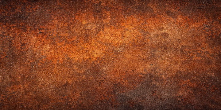 A textured grunge background of old rusty metal reveals an aged brown iron surface with rough metallic patterns and orange paint on a vintage steel material wall