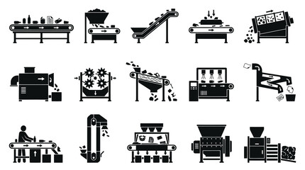 Obraz premium Black and White Icons of Industrial Recycling and Conveyor Belt Machinery