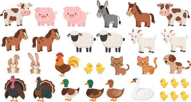 Large Farm Animal and Poultry Vector Character Set Featuring Cow Horse Pig Sheep Goat Duck Turkey and Rooster for Agricultural Education Nursery and Commercial Graphic Designs